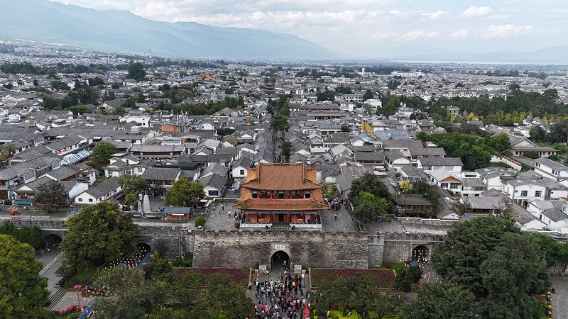Aerial view of Dali Old Town at the foot of the Cangshan mountains